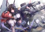  2girls absurdres aircraft airplane black_hair blue_eyes blush breast_pocket breasts brown_hair cannon dress elbow_gloves flight_deck gloves hair_between_eyes hair_ornament headgear highres kantai_collection large_breasts long_hair looking_at_viewer multiple_girls nagato_(kantai_collection) neckerchief open_mouth partly_fingerless_gloves pin.s pocket ponytail remodel_(kantai_collection) rigging saratoga_(kantai_collection) side_ponytail sidelocks signature smile smokestack thighhighs turret white_dress 