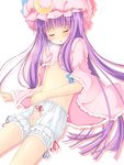  bad_id bad_pixiv_id bloomers breath cleft_of_venus closed_eyes crescent crotchless_panties flat_chest hat long_hair nipples panties patchouli_knowledge purple_hair pussy sleeping solo touhou underwear yako 