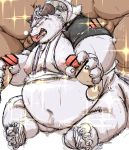  anthro balls behemoth_(housamo) belly big_belly blush censored clothing cum cum_in_mouth cum_inside cum_on_face erection gangbang group group_sex handjob hoodie human human_on_anthro interspecies kotobuki licking male male/male mammal monster moobs navel nipples oral overweight overweight_male pawpads penis penis_lick sex tokyo_afterschool_summoners tongue tongue_out video_games 