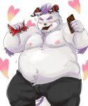  &lt;3 behemoth_(housamo) belly big_belly blush candy chest_tuft chocolate clothed clothing eating food love_handles male monster moobs navel nipples overweight overweight_male pants rampie sweat tokyo_afterschool_summoners topless tuft video_games 