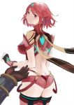  1girl armor ass bangs covered_navel duu_(derhnky9f4) earrings fingerless_gloves gem gloves headpiece homura_(xenoblade_2) jewelry looking_at_viewer nintendo red_eyes red_hair rex_(xenoblade_2) short_hair simple_background solo swept_bangs tiara xenoblade_(series) xenoblade_2 