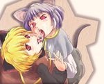  animal_ears blonde_hair bow cum facial grey_hair hair_bow holding_hands implied_bisexual kurodani_yamame licking mouse_ears mouse_tail multiple_girls nazrin red_eyes short_hair tail tongue touhou usagi_niku 