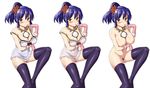 alternate_hairstyle blue_hair blush breast_hold breasts brown_eyes colored_pubic_hair finger_to_mouth fingerless_gloves gloves jewelry large_breasts mirror nude pendant pink_gloves ponytail pubic_hair purple_legwear rope see-through simple_background smile strap_slip thighhighs touhou variations yasaka_kanako zaxwu 