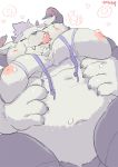  anthro behemoth_(housamo) belly big_belly blush clothing frosting hamuga86 hoodie horn licking licking_lips male monster moobs navel nipples overweight overweight_male solo tokyo_afterschool_summoners tongue tongue_out video_games weight_gain 