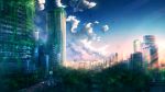  anonamos blue_sky building car city cityscape cloud commentary_request day gradient_sky ground_vehicle highres lamppost motor_vehicle no_humans original outdoors overgrown plant road scenery sky skyscraper tree vines 
