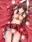  arms_up bad_id bad_pixiv_id blush breasts brown_eyes brown_hair detached_sleeves hakurei_reimu lying medium_breasts nipples on_back open_mouth pussy skirt solo touhou uncensored uron-rei 