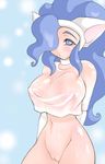  animal_ears big_hair blue_eyes blue_hair bottomless breasts cat_ears fat_mons felicia large_breasts long_hair navel no_panties noise pussy see-through slit_pupils solo vampire_(game) 