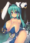  animal_ears areola_piercing bad_id bad_pixiv_id bare_legs blue_leotard breasts bunny_ears bunny_tail bunnysuit choker earrings elbow_gloves frills garters gloves green_hair hikaru_(parodius) huge_breasts jewelry lactation lactation_through_clothes leg_garter leotard long_hair nagase_haruhito nipple_piercing nipple_rings parodius pasties piercing purple_eyes solo star_pasties tail topless 