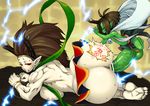  1girl anus arched_back ass barefoot breasts brown_hair censored clenched_teeth closed_eyes couple electricity eyeshadow feet from_behind fuujin_(oboro_muramasa) green_skin hetero hikimayu horns huge_ass huge_breasts huge_penis jinroku lightning long_hair lying makeup muscle muscular_female oboro_muramasa on_side open_mouth penis raijin_(oboro_muramasa) sex size_difference soles spanked spanking sweat teeth toes vaginal white_background white_skin wince 