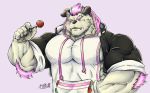  behemoth_(housamo) candy clothing food fur hoodie horn kyuuhari lollipop male monster muscular muscular_male pecs tokyo_afterschool_summoners video_games white_fur 