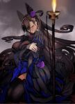  1girl arm_across_chest bangs black_dress blush breasts breathing brown_hair double_bun dress eyebrows_visible_through_hair fate/grand_order fate_(series) frills hair_between_eyes hair_ornament highres hyocorou large_breasts long_hair long_sleeves looking_at_viewer murasaki_shikibu_(fate) puffy_sleeves purple_eyes sitting sleeves_past_wrists solo two_side_up very_long_hair 