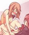  1girl blush breasts brown_hair closed_eyes couple cowgirl_position girl_on_top haruka_(pokemon) hetero lowres matsubusa_(pokemon) medium_breasts no_bandana no_headwear pokemon pokemon_(game) pokemon_emerald pokemon_rse red_hair sex shiranami_(kominato) short_hair straddling 