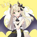  1girl bangs bare_shoulders black_dress black_ribbon black_wings blonde_hair blush closed_mouth commentary_request dress green_eyes hair_between_eyes hair_ribbon head_tilt highres horns indie_virtual_youtuber korean_commentary kutata long_hair low_wings milestone_celebration neck_ribbon nivr_(vtuber) pointy_ears ribbon sleeveless sleeveless_dress smile solo tail two-tone_background very_long_hair virtual_youtuber white_background wings wrist_cuffs yellow_background 