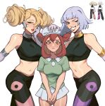  3girls absurdres annie_(pokemon) bangs bare_shoulders bianca_(pokemon_heroes) black_pants black_shirt blonde_hair blunt_bangs blush breasts brown_eyes brown_hair commentary eyelashes eyeshadow gloves green_shirt grin hat highres lipstick makeup multiple_girls navel oakley_(pokemon) one_eye_closed own_hands_together pants parted_lips pokemon pokemon_(anime) pokemon_(classic_anime) pokemon_heroes:_latios_&amp;_latias porqueloin red_lips shirt short_sleeves sleeveless sleeveless_shirt smile sweatdrop teeth white_background 