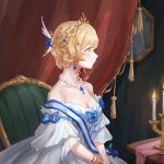  1girl alternate_costume alternate_hairstyle bare_shoulders blonde_hair blue_bow bow bracelet breasts candle candle_wax candlelight candlestand chair cleavage curtains dress earrings genshin_impact hair_ornament highres jewelry kosyuku looking_away looking_to_the_side lumine_(genshin_impact) necklace off-shoulder_dress off_shoulder pearl_necklace princess profile short_hair short_hair_with_long_locks sidelocks sitting solo tassel tiara upper_body yellow_eyes 