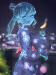  1girl :d bangs blue_skin breasts chocolate_banana colored_skin festival food hekirake holding holding_food huge_breasts japanese_clothes kimono looking_at_viewer monster_girl night original outdoors plant ponytail slime_girl smile summer_festival upper_body water_yoyo yukata 