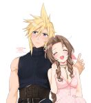  1boy 1girl aerith_gainsborough artist_name bangs bare_arms belt blonde_hair blue_eyes blue_shirt blush braid braided_ponytail breasts brown_hair choker cleavage closed_eyes cloud_strife couple dress final_fantasy final_fantasy_vii final_fantasy_vii_remake flower_choker hair_between_eyes hair_ribbon highres hover_hand krudears long_dress long_hair looking_to_the_side medium_breasts open_mouth parted_bangs pink_dress pink_ribbon ribbon shirt short_hair sidelocks sitting sleeveless sleeveless_dress sleeveless_turtleneck smile spiked_hair turtleneck twitter_username upper_body white_background 