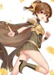  1girl :d armor ass bare_shoulders blurry boots breastplate brown_footwear brown_hair cape delthea_(fire_emblem) depth_of_field fang fire_emblem fire_emblem_echoes:_shadows_of_valentia flower haru_(nakajou-28) high_heels highres leg_up looking_at_viewer medium_hair open_mouth pointing ponytail running simple_background smile solo sparkle star_(symbol) white_background yellow_flower 