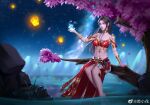  1girl bare_legs barefoot black_hair cai_lin_(doupo_cangqiong) doupo_cangqiong falling_leaves glowing hair_ornament highres jewelry lantern leaf long_hair looking_to_the_side navel night night_sky outstretched_hand red_eyes red_skirt red_tube_top rock skirt sky solo star_(sky) strapless tube_top water ye_xiao_hua 
