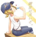  1girl alternate_costume armpit_peek bangs baseball_cap bench blonde_hair blue_eyes blue_headwear blue_pants blush breasts closed_mouth commentary_request eating fang fang_out feet_out_of_frame food hair_ornament hairclip hat heart highres kagamine_rin kitsunerider looking_at_viewer looking_back pants pants_rolled_up popsicle short_hair short_ponytail sideboob sidelocks sitting small_breasts smile solo sweat swept_bangs tank_top tomboy translation_request vocaloid white_background white_tank_top 