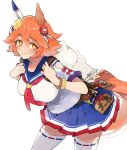  +_+ 1girl animal_ears backpack bag bangs blue_skirt blush breasts closed_mouth clothing_cutout clover_hair_ornament daruma_doll ema hair_ornament highres horse_ears horse_girl horse_tail large_breasts leaning_forward maneki-neko matikane_tannhauser_(umamusume) miniskirt neckerchief orange_hair pleated_skirt red_neckerchief sailor_collar shirt short_sleeves shoulder_cutout skirt smile solo tail thighhighs umamusume uuun_poko white_background white_shirt white_thighhighs yellow_eyes zettai_ryouiki 