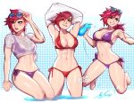  2girls alternate_costume arms_up bangs barefoot bikini blushyspicy breasts cleavage eyewear_on_head grin large_breasts league_of_legends long_hair looking_at_viewer multiple_girls navel pink_hair purple_bikini red_bikini red_hair shirt short_hair smile stomach sunglasses swimsuit teeth vi_(league_of_legends) white_shirt 