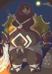  2022 absurd_res anthro belly bottomwear clothing detailed_background fire hi_res humanoid_hands kemono loincloth male mammal moon navel night overweight overweight_male plant solo tachiuo tree ursid weapon 