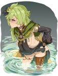  1girl absurdres bent_over blush breasts collei_(genshin_impact) downblouse genshin_impact green_hair highres maroonr nipples partially_submerged pubic_hair pussy small_breasts water wet 