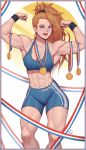  1girl abs absurdres armpits biceps bike_shorts black_scrunchie blue_eyes blue_shorts blue_sports_bra breasts brown_hair cameltoe captain_mizuki cleavage clenched_hands collarbone cowboy_shot flexing forehead hair_ornament hair_scrunchie high_ponytail highres long_hair medal medium_breasts midriff muscular muscular_female navel one-punch_man pose ribbon scrunchie shorts solo speedl00ver sports_bra standing teeth thick_thighs thighs upper_teeth wristband 