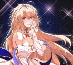  1girl archetype_earth arcueid_brunestud bangs bare_shoulders blonde_hair blush breasts cleavage detached_collar detached_sleeves dot818 dress fate/grand_order fate_(series) gloves grin large_breasts long_hair long_skirt looking_at_viewer red_eyes skirt sky smile solo sparkle star_(sky) starry_sky tsukihime very_long_hair white_dress white_gloves 