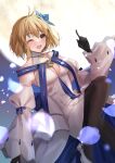  1girl absurdres arcueid_brunestud bangs bare_shoulders black_gloves blonde_hair blue_skirt blush breasts brown_pantyhose cleavage detached_sleeves dress fate/grand_order fate_(series) flower full_moon gloves hair_flower hair_ornament harimoto_09 highres large_breasts long_skirt looking_at_viewer moon multicolored_clothes multicolored_skirt night night_sky one_eye_closed open_mouth pantyhose red_eyes short_hair skirt sky smile solo thighs tsukihime white_dress white_skirt 
