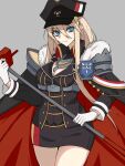  1girl azur_lane bismarck_(azur_lane) blonde_hair blue_eyes breasts cleavage cleavage_cutout cloak clothing_cutout eyebrows_hidden_by_hair flag flagpole fur-trimmed_cloak fur_collar fur_trim grey_background hat highres holding holding_flag long_hair peaked_cap sakura_oinari simple_background skirt solo thighs 