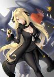  1girl absurdres artist_name black_coat black_nails black_pants black_shirt blonde_hair breasts cleavage coat cynthia_(pokemon) feet_out_of_frame floating_hair fur-trimmed_jacket fur_collar fur_trim garchomp grey_eyes hair_ornament hair_over_one_eye hand_on_hip highres holding holding_poke_ball jacket large_breasts long_hair nail_polish pants poke_ball pokemon pokemon_(creature) pokemon_(game) pokemon_dppt revision ryuuneart shirt ultra_ball very_long_hair 