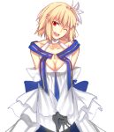  1girl arcueid_brunestud bangs bare_shoulders black_gloves blonde_hair blue_skirt blush breasts cleavage detached_sleeves dress fate/grand_order fate_(series) flower gloves hair_flower hair_ornament highres iro_(sekaixiro) large_breasts long_skirt looking_at_viewer multicolored_clothes multicolored_skirt one_eye_closed open_mouth red_eyes short_hair skirt smile solo tsukihime white_dress white_skirt 