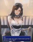  1girl absurdres apron arialla_draws arms_behind_back bare_shoulders black_hair blurry blurry_background breasts brown_hair cleavage earrings english_text final_fantasy final_fantasy_vii final_fantasy_vii_remake highres jewelry large_breasts long_hair looking_at_viewer maid maid_apron maid_headdress pov red_eyes skirt solo standing text_focus tifa_lockhart 