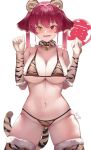  1girl animal_ears animal_print bangs bare_shoulders bell bikini breasts cleavage commentary cowboy_shot donggua_bing_cha elbow_gloves fang fur_trim gloves groin hair_between_eyes hair_ribbon hands_up heterochromia highres hololive houshou_marine jingle_bell legs_apart looking_at_viewer navel neck_bell open_mouth red_eyes red_hair red_ribbon ribbon signature simple_background skin_fang solo string_bikini swimsuit tail thighhighs thighs tiger_ears tiger_print tiger_tail twintails underboob virtual_youtuber white_background yellow_eyes 