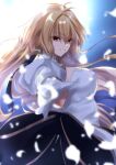  1girl archetype_earth arcueid_brunestud asagi_nanase bangs bare_shoulders blonde_hair blue_skirt breasts detached_collar detached_sleeves dress fate/grand_order fate_(series) full_moon gloves highres large_breasts layered_skirt long_hair long_skirt looking_at_viewer moon night night_sky outstretched_arm petals red_eyes skirt sky smile tsukihime very_long_hair white_dress white_gloves 