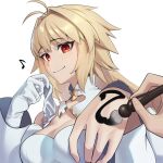  1girl archetype_earth arcueid_brunestud bangs bare_shoulders blonde_hair blush body_writing breasts calligraphy_brush cleavage detached_collar detached_sleeves dress fate/grand_order fate_(series) gloves gloves_removed highres jihooday large_breasts long_hair looking_at_viewer musical_note outstretched_arm paintbrush red_eyes smile solo_focus tsukihime very_long_hair white_dress white_gloves 