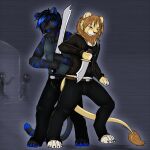  anthro clothing duo felid feline jet_the_lion kage6415 lion male male/male mammal melee_weapon nautilusta pantherine sword tiger undead weapon zombie 