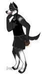  anthro black_bottomwear black_clothing black_shirt black_shorts black_tank_top black_topwear bottomwear canid canid_demon clothing demon doriandoge hellhound hi_res male mammal shirt shorts smile.dog_(oc) soiling_bottomwear solo tank_top topwear 