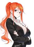  1girl black_jacket breasts cleavage crossed_arms earrings glasses jacket jewelry joman large_breasts long_hair long_sleeves looking_at_viewer nami_(one_piece) one_piece orange_eyes orange_hair ponytail shirt solo twitter_username upper_body white_background white_shirt 