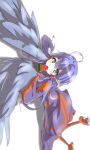 1girl ahoge bird_legs blue_feathers blue_hair blue_wings commentary_request eating feathered_wings feathers fleur_(tk2k_jade) food grey_eyes hair_tubes harpy kawasumi_(tk2k_jade) long_hair long_sleeves monster_girl original pointy_ears popsicle sidelocks simple_background solo talons watermelon_bar white_background winged_arms wings 