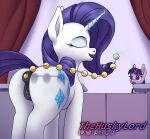  anal_beads anus caro carousel_boutique cutie_mark dialogue equid equine eyes_closed friendship_is_magic genitals horn horse mammal my_little_pony pony pussy rarity_(mlp) sex_toy surprise thehuskylord twilight_sparkle_(mlp) unicorn 