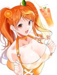  1girl bare_shoulders breasts cleavage collarbone cup drinking_glass drinking_straw earrings food fruit hair_ornament hands_up jewelry joman juice large_breasts long_hair looking_at_viewer mandarin_orange nami_(one_piece) one_piece open_mouth orange_eyes orange_hair solo twintails twitter_username upper_body white_background 