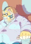  2022 absurd_res anthro biped bodily_fluids bottomwear clothing eyewear felid glasses hi_res humanoid_hands kemono male mammal overweight overweight_male pantherine pants shirt sitting solo_focus sweat tachiuo tiger topwear 