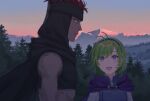  1boy 1girl :d black_cape black_headband blue_eyes blue_vest cape crop_top e5nf8v fire_emblem fire_emblem:_the_blazing_blade green_hair hairband headband highres jaffar_(fire_emblem) midriff mountainous_horizon nino_(fire_emblem) open_mouth outdoors profile purple_cape purple_hairband red_hair shiny shiny_hair short_hair sleeveless smile sunrise upper_body vest 