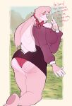  &lt;3 &lt;3_eyes absurd_res anthro big_butt bottomwear butt cheek_tuft clothed clothing curled_hair dialogue ears_back facial_tuft female frilly_panties fully_clothed fur grass hair hi_res kyoriichi lagomorph leporid looking_at_viewer looking_back mammal neck_tuft panties pink_body pink_fur pivoted_ears plant rabbit raised_bottomwear raised_clothing raised_skirt rear_view ribbons skirt solo tail tuft underwear 