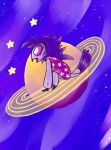  anthro avian bird child clothing detailed_background excited female hair happy helluva_boss hi_res long_hair looking_sideways octavia_(helluva_boss) owl owl_demon pigwenn pink_clothing pink_eyes saturn sitting sky smile solo space star starry_sky young 