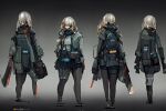  4others ambiguous_gender bag belt commentary_request cyberpunk dreadtie duffel_bag fanny_pack grey_background long_hair long_jacket mask medium_hair multiple_others original pants tactical_clothes white_hair 