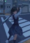  1girl air_conditioner arm_up bangs belt black_hair black_socks blue_dress bone building chainsaw_man collared_shirt crosswalk door dress foot_out_of_frame from_side highres holding holding_bone holding_sword holding_weapon long_sleeves looking_at_viewer looking_back max-k mitaka_asa open_mouth outdoors pinafore_dress red_eyes ringed_eyes road scar scar_on_cheek scar_on_face scenery school_uniform severed_head shirt shoes short_hair socks solo standing street sword traffic_light v-shaped_eyebrows war_devil_(chainsaw_man) weapon white_footwear white_shirt window 